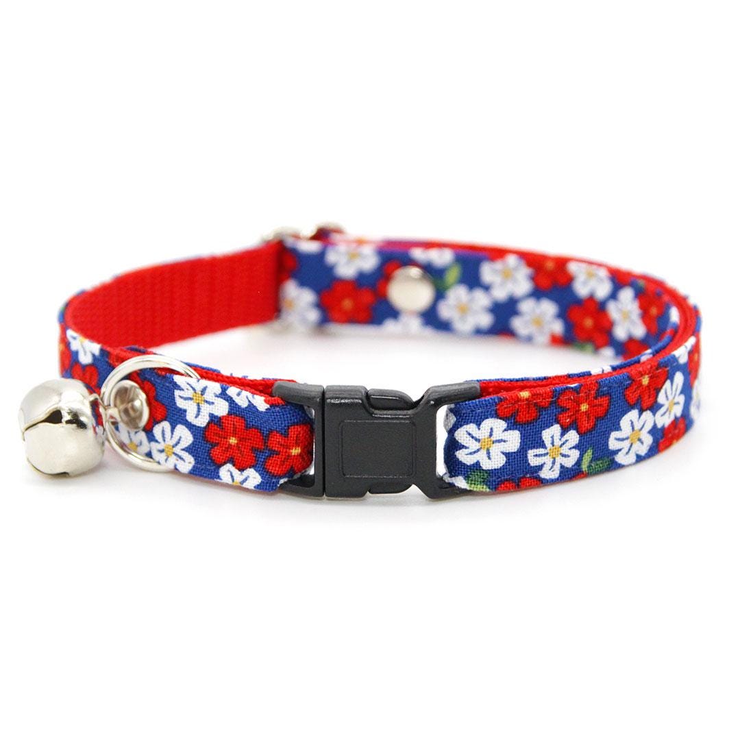 Bow Tie Cat Collar Set - "Red White & Bloom" - Blue Red Floral Cat Collar with Bow Tie / Summer, 4th of July, Patriotic / Cat, Kitten, Small Dog Sizes