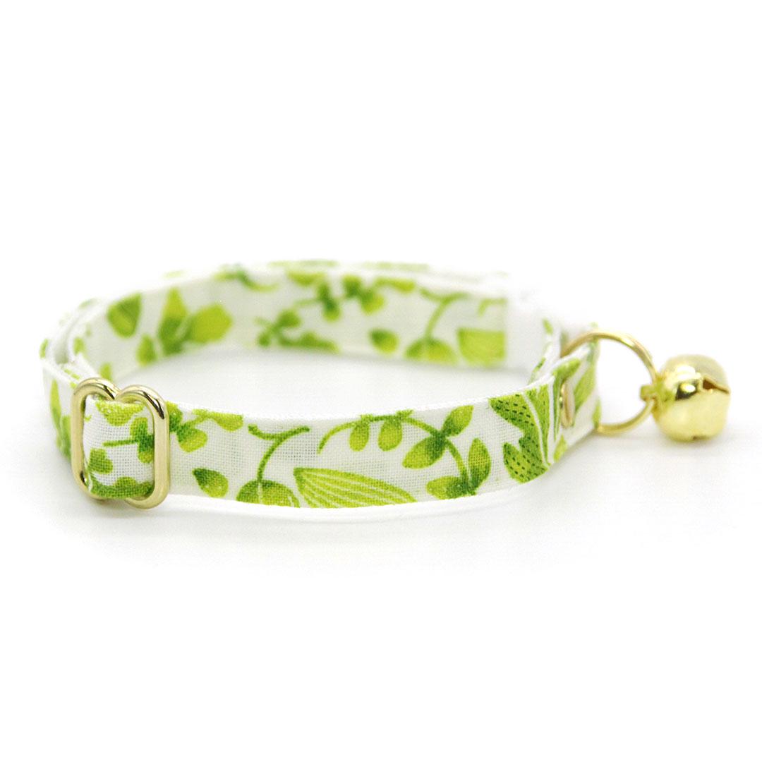 Cat Collar + Flower Set - "Herb Garden" - Botanical Cat Collar + Leaf Green Felt Flower (Detachable) / Cat, Kitten + Small Dog Sizes