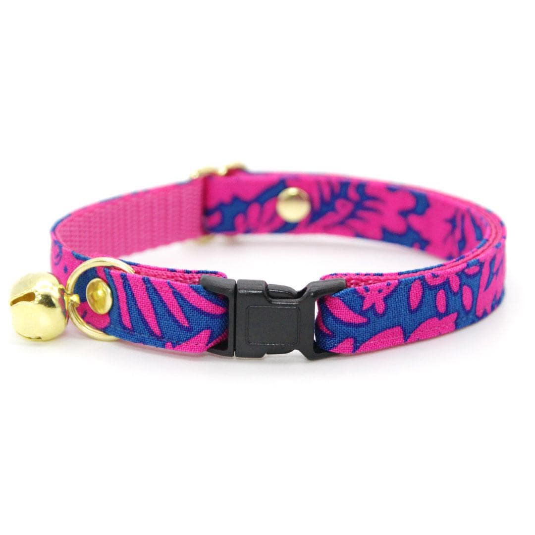 Cat Collar + Flower Set - "Cabana Pink" - Hawaiian Hot Pink Cat Collar w/ Fuchsia Felt Flower (Detachable) / Cat, Kitten + Small Dog Sizes