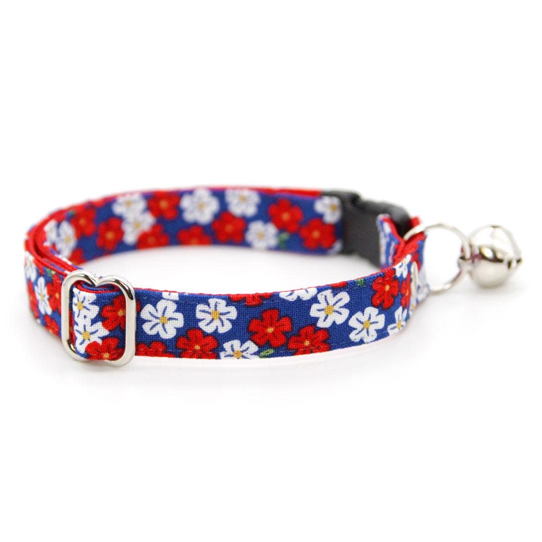 Cat Collar + Flower Set - "Red White & Bloom" - Blue Red Floral Cat Collar w/ Red Felt Flower (Detachable) / Patriotic, 4th of July / Cat, Kitten + Small Dog Sizes