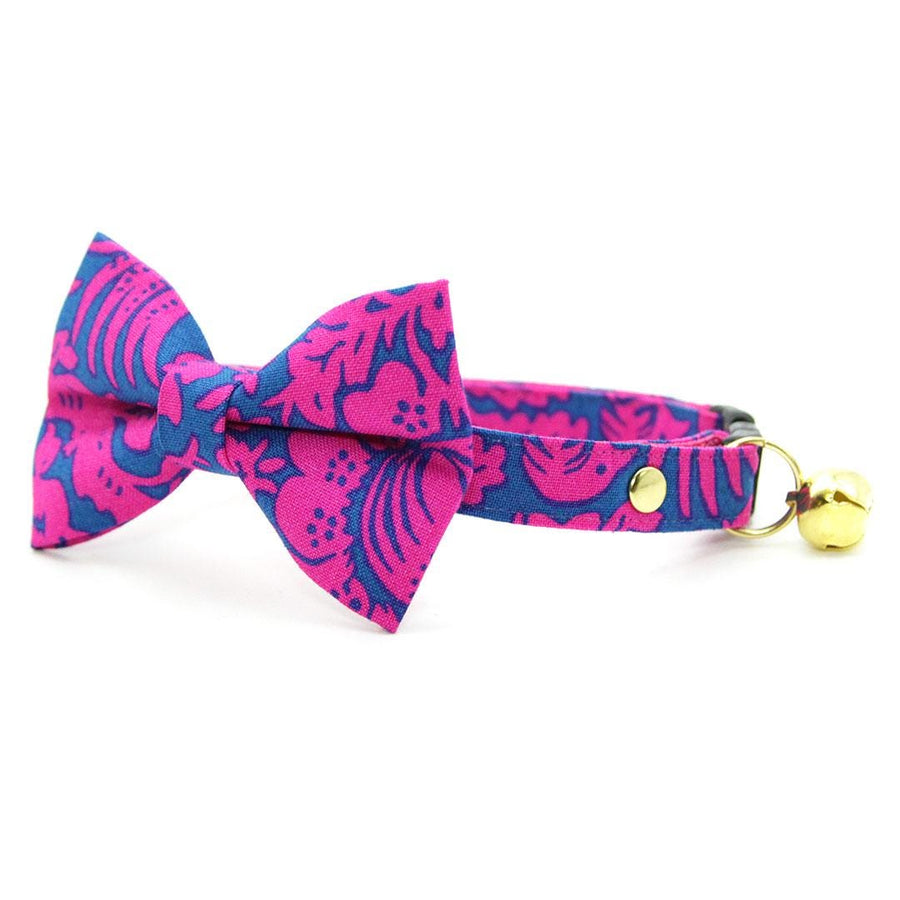 Bow Tie Cat Collar Set - "Cabana Pink" - Hot Pink Hawaiian Cat Collar with Bow Tie / Summer, Tropical / Cat, Kitten, Small Dog Sizes