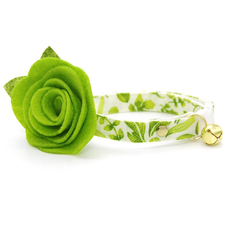 Cat Collar + Flower Set - "Herb Garden" - Botanical Cat Collar + Leaf Green Felt Flower (Detachable) / Cat, Kitten + Small Dog Sizes