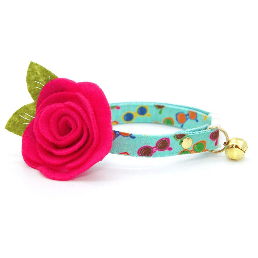Cat Collar + Flower Set - "Poolside" - Sunglasses Cat Collar w/ Fuchsia Felt Flower (Detachable) / Cat, Kitten + Small Dog Sizes