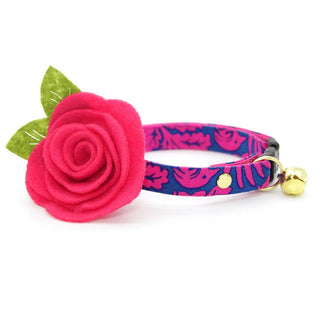Cat Collar + Flower Set - "Cabana Pink" - Hawaiian Hot Pink Cat Collar w/ Fuchsia Felt Flower (Detachable) / Cat, Kitten + Small Dog Sizes - Adult Cat (8-13) / Breakaway / Gold
