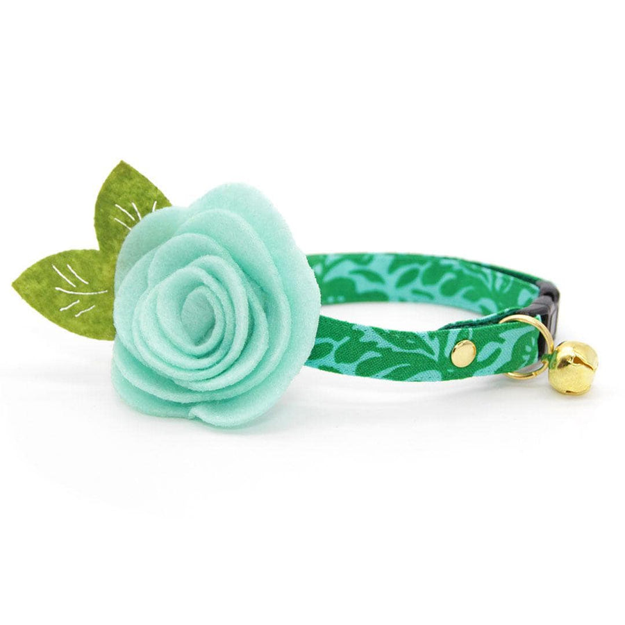 Cat Collar + Flower Set - "Cabana Green" - Tropical Hawaiian Cat Collar w/ Mint Felt Flower (Detachable) / Cat, Kitten + Small Dog Sizes