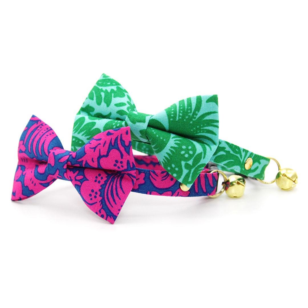 Bow Tie Cat Collar Set - "Cabana Green" - Tropical Hawaiian Cat Collar with Bow Tie / Summer, Beach, Tiki / Cat, Kitten, Small Dog Sizes