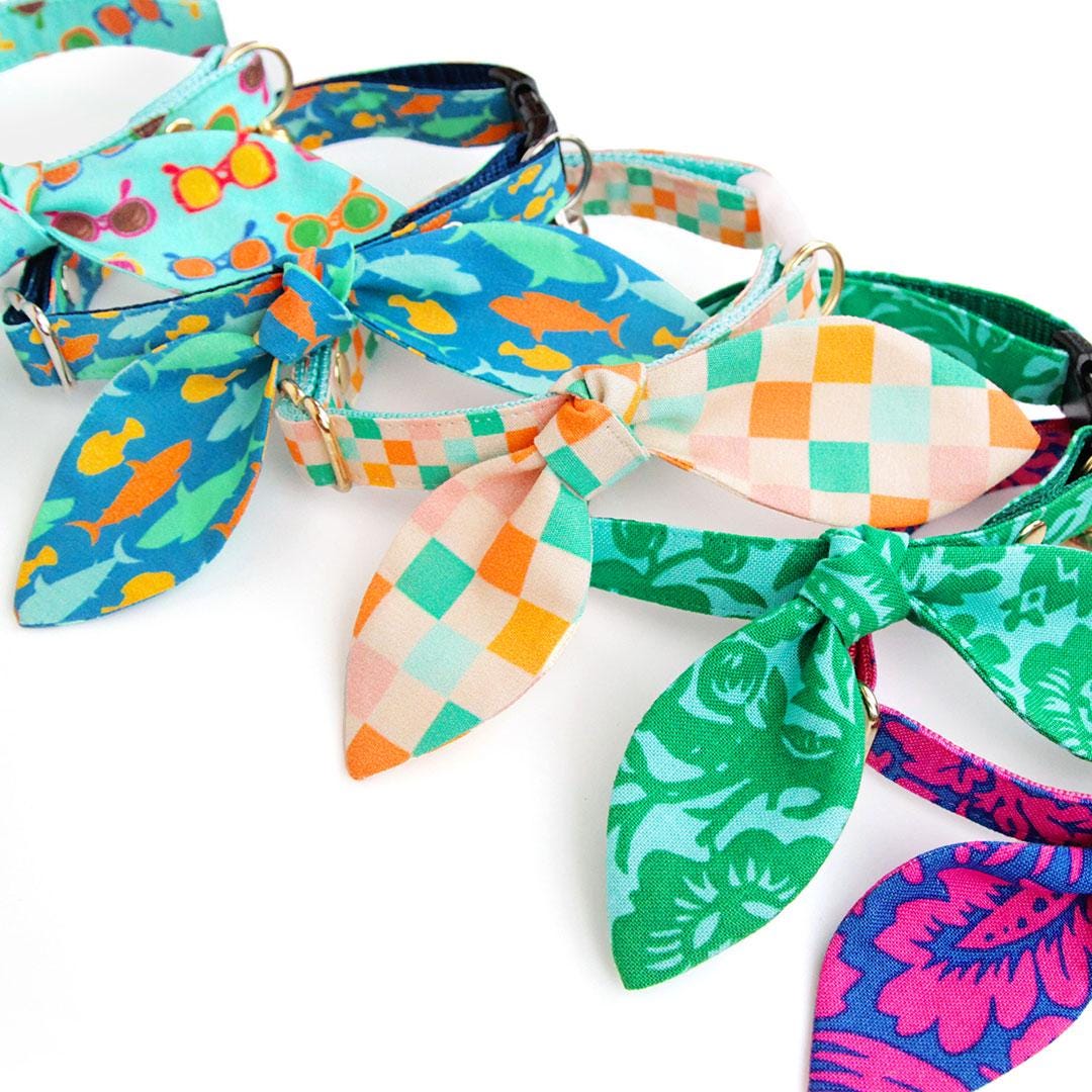 Cat Collar & Bunny Ear Bow Set - "Fintastic" - Blue Shark & Fish Cat Collar w/ Matching Bunny Bow Tie / Tie-On Scarf / Cat, Kitten + Small Dog Sizes