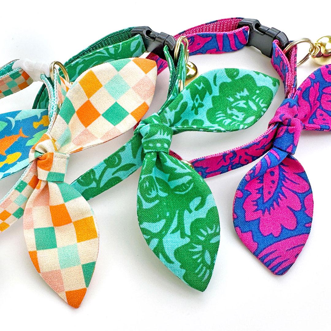 Cat Collar & Bunny Ear Bow Set - "Cabana Green" - Tropical Hawaiian Cat Collar w/ Matching Bunny Bow Tie / Tie-On Scarf / Cat, Kitten + Small Dog Sizes
