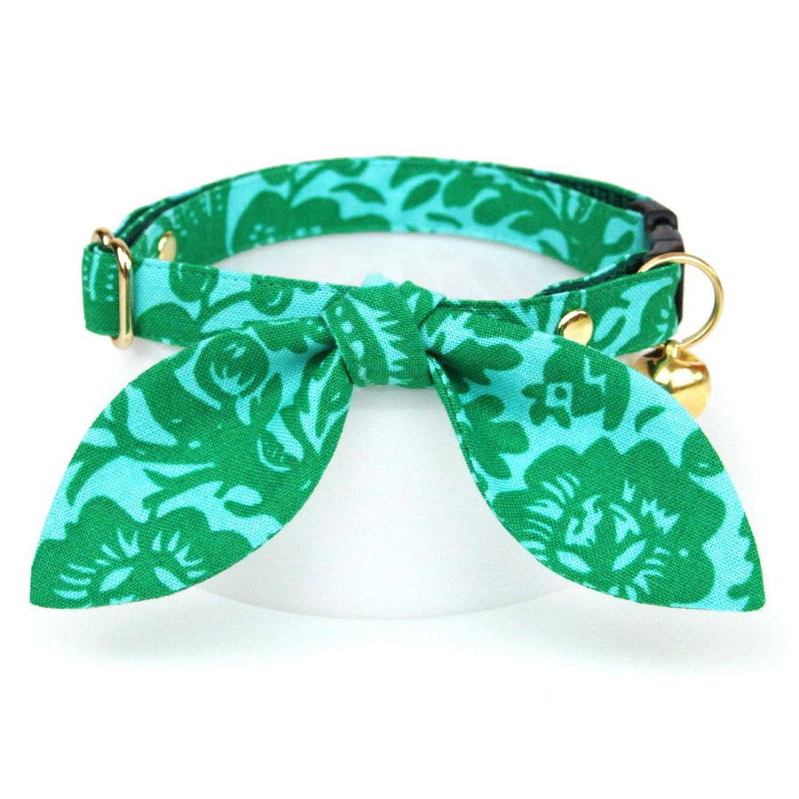 Cat Collar & Bunny Ear Bow Set - "Cabana Green" - Tropical Hawaiian Cat Collar w/ Matching Bunny Bow Tie / Tie-On Scarf / Cat, Kitten + Small Dog Sizes
