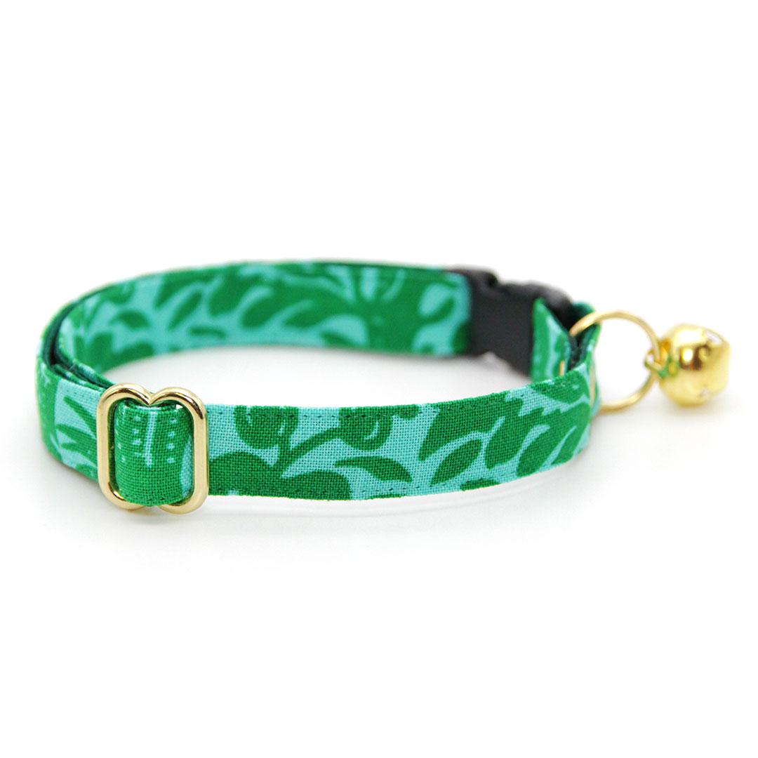 Cat Collar & Bunny Ear Bow Set - "Cabana Green" - Tropical Hawaiian Cat Collar w/ Matching Bunny Bow Tie / Tie-On Scarf / Cat, Kitten + Small Dog Sizes