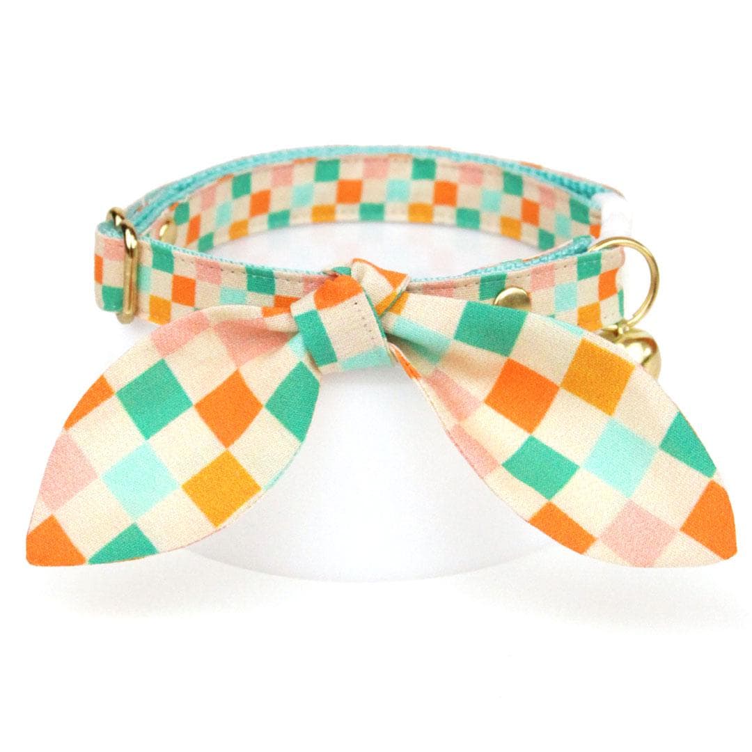 Checkered Cat Collar - "Checkmate" - Pastel Checked Cat Collar / Summer, Fall, Groovy Y2K, Fun / Breakaway Buckle or Non-Breakaway / Cat, Kitten + Small Dog Sizes
