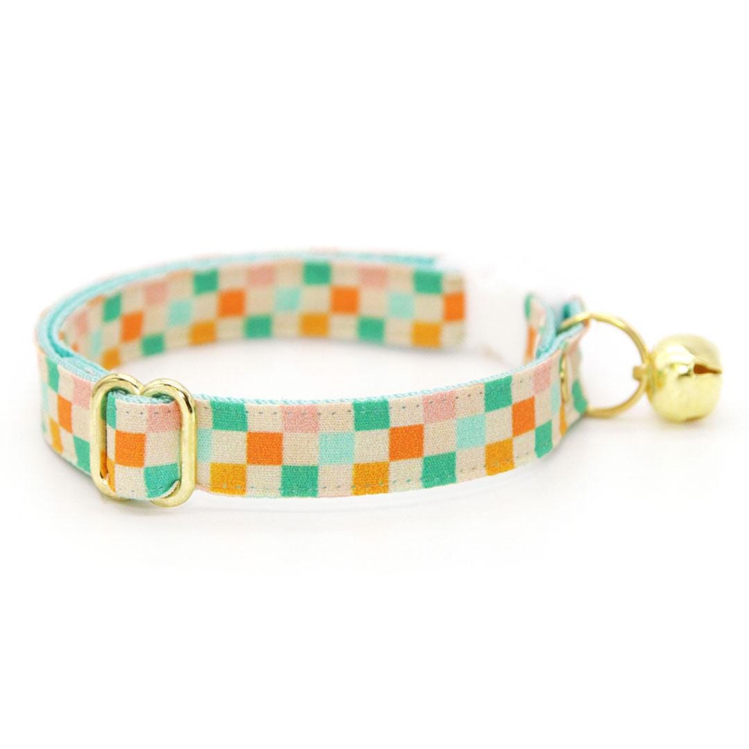 Cat Collar & Bunny Ear Bow Set - "Checkmate" - Retro Pastel Checked Cat Collar w/ Matching Bunny Bow Tie / Checkered, Check / Tie-On Scarf / Cat, Kitten + Small Dog Sizes