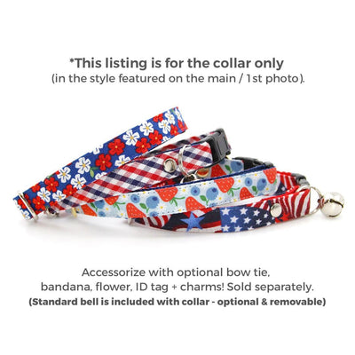 Cat Collar - "Heritage" - Gingham Red White & Blue Plaid Cat Collar / Patriotic, Independence Day, 4th of July / Breakaway Buckle or Non-Breakaway / Cat, Kitten + Small Dog Sizes