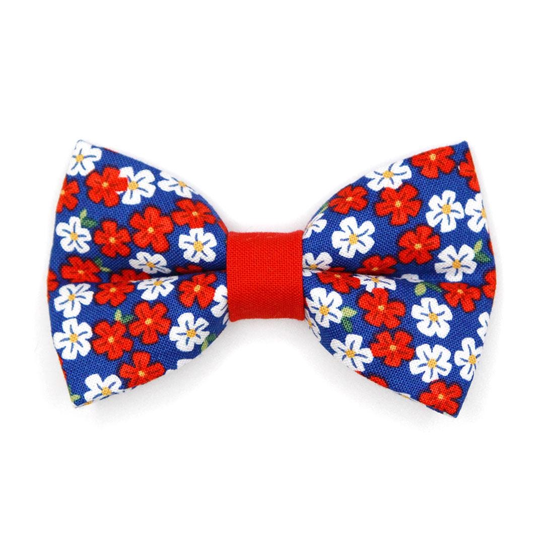 Bow Tie Cat Collar Set - "Red White & Bloom" - Blue Red Floral Cat Collar with Bow Tie / Summer, 4th of July, Patriotic / Cat, Kitten, Small Dog Sizes