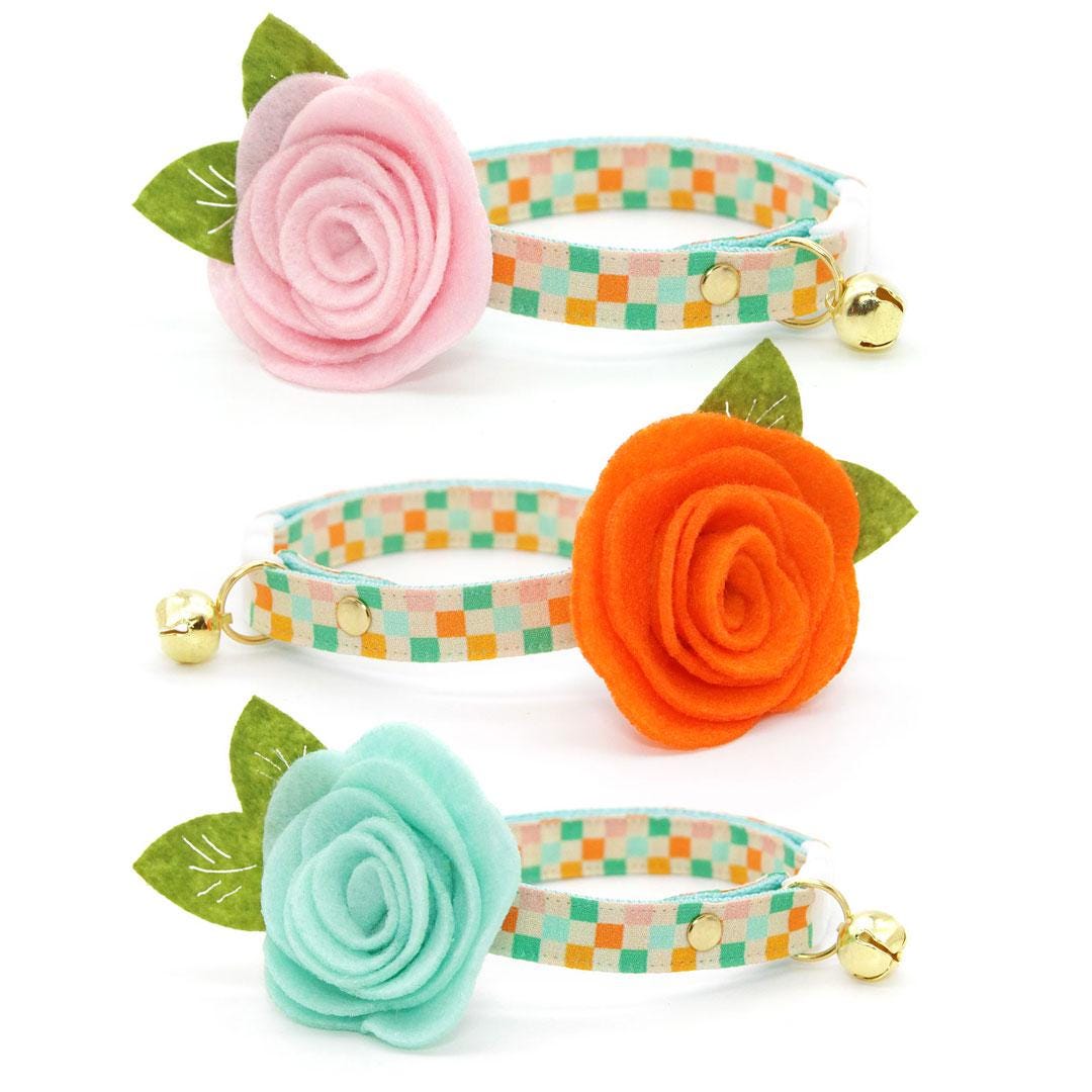 Cat Collar + Flower Set - "Checkmate" - Checkered Cat Collar w/ Orange Felt Flower (Detachable) / Cat, Kitten + Small Dog Sizes