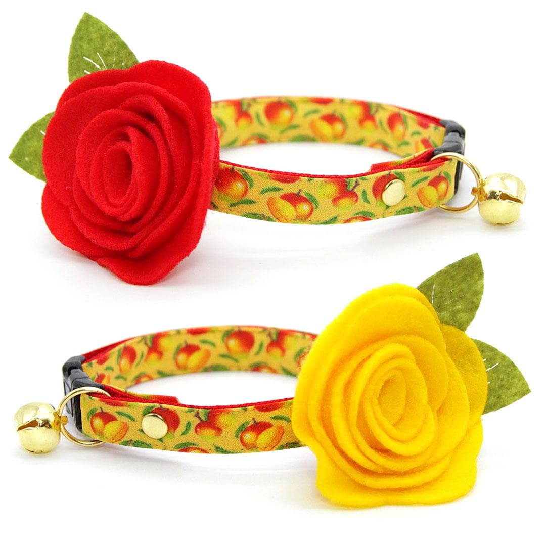 Cat Collar + Flower Set - "Mango Tango" - Yellow Fruit Mango Cat Collar w/ Red Felt Flower (Detachable) / Cat, Kitten + Small Dog Sizes
