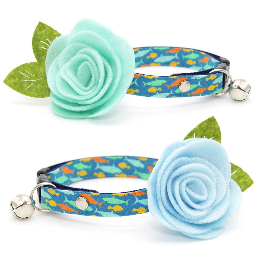 Cat Collar + Flower Set - "Fintastic" - Shark & Fish Cat Collar w/ Sky Blue Felt Flower (Detachable) / Cat, Kitten + Small Dog Sizes