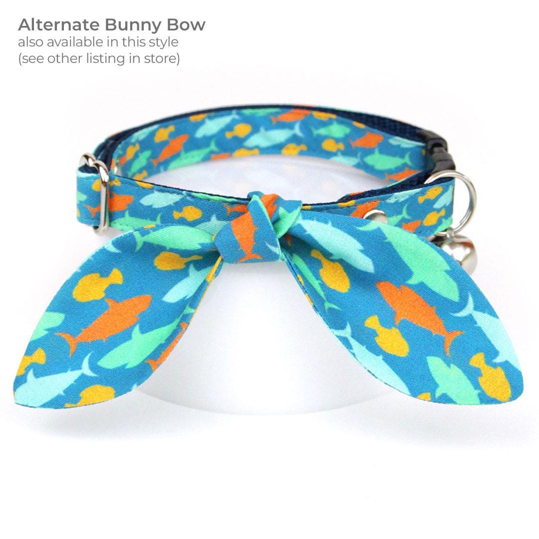 Cat Collar + Flower Set - "Fintastic" - Shark & Fish Cat Collar w/ Sky Blue Felt Flower (Detachable) / Cat, Kitten + Small Dog Sizes