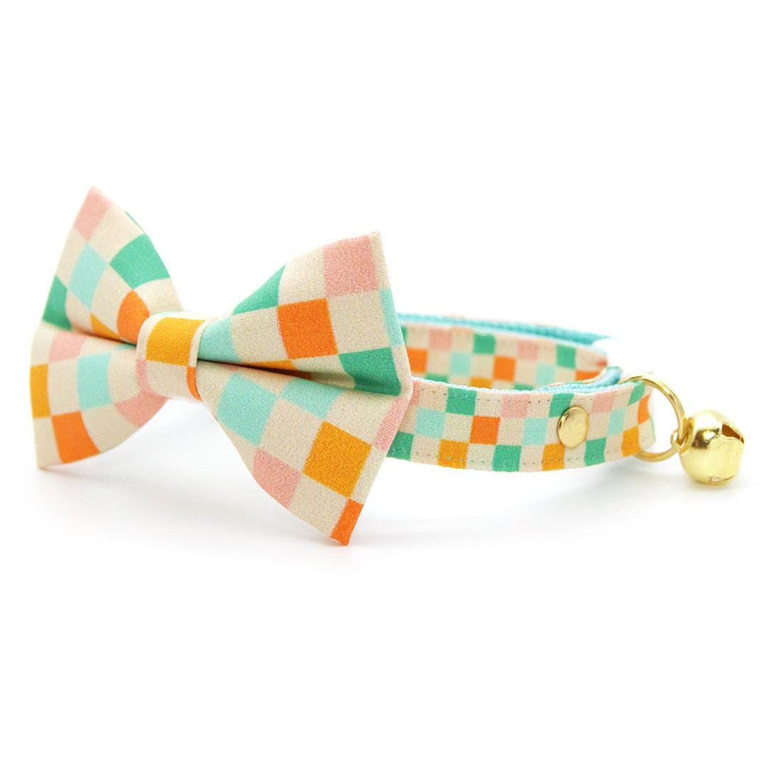 Checkered Cat Bow Tie - "Checkmate" - Retro Pastel Checked Bow Tie for Cat Collar / Groovy Y2K, Vintage Modern, Fun / Cat, Kitten + Small Dog Bowtie