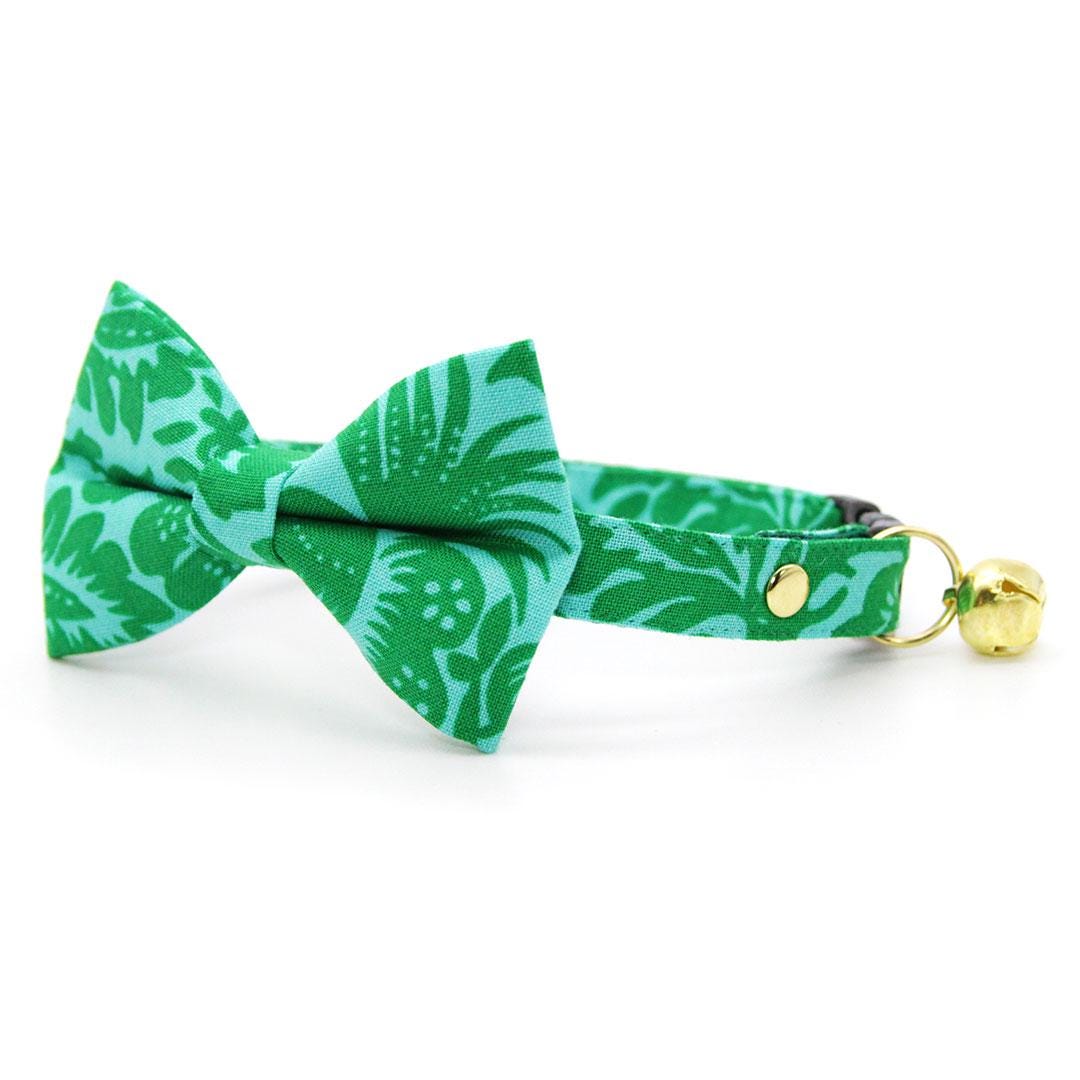 Bow Tie Cat Collar Set - "Cabana Green" - Tropical Hawaiian Cat Collar with Bow Tie / Summer, Beach, Tiki / Cat, Kitten, Small Dog Sizes