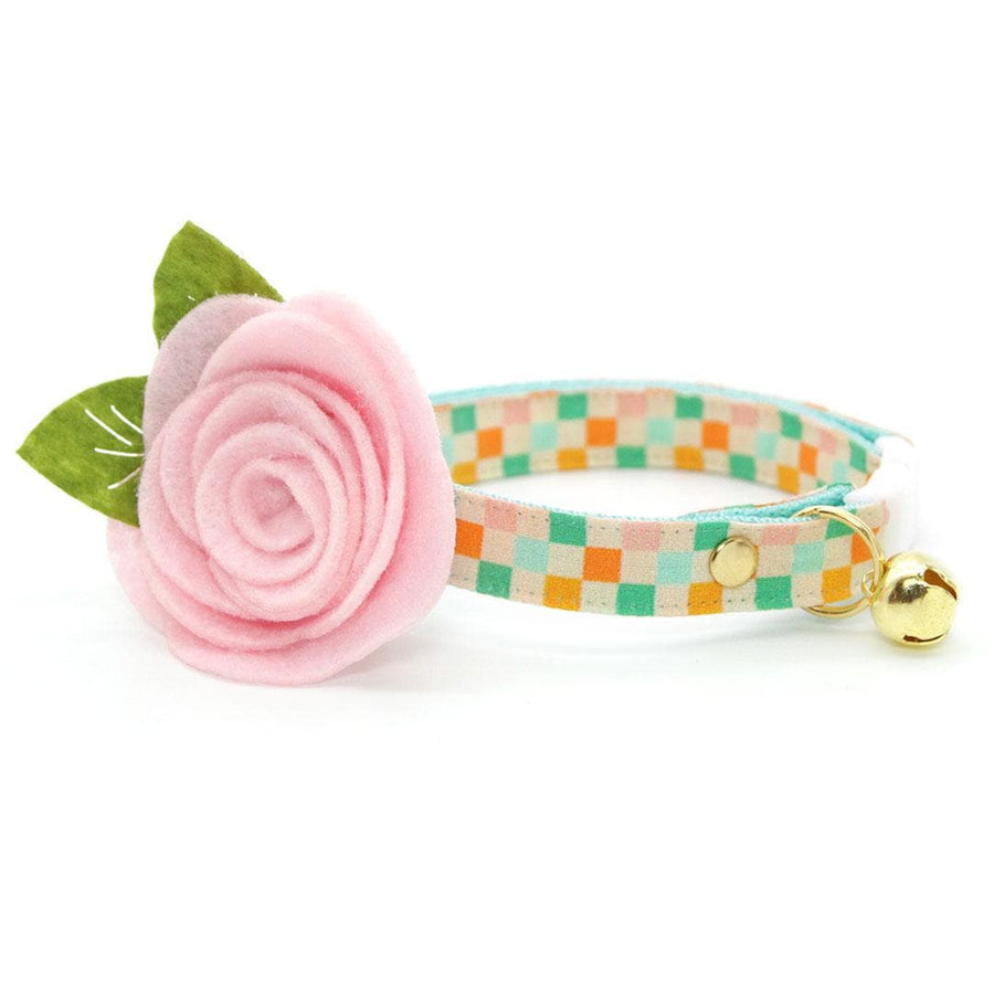 Cat Collar + Flower Set - "Checkmate" - Retro Checked Cat Collar + Baby Pink Felt Flower (Detachable) / Cat, Kitten + Small Dog Sizes