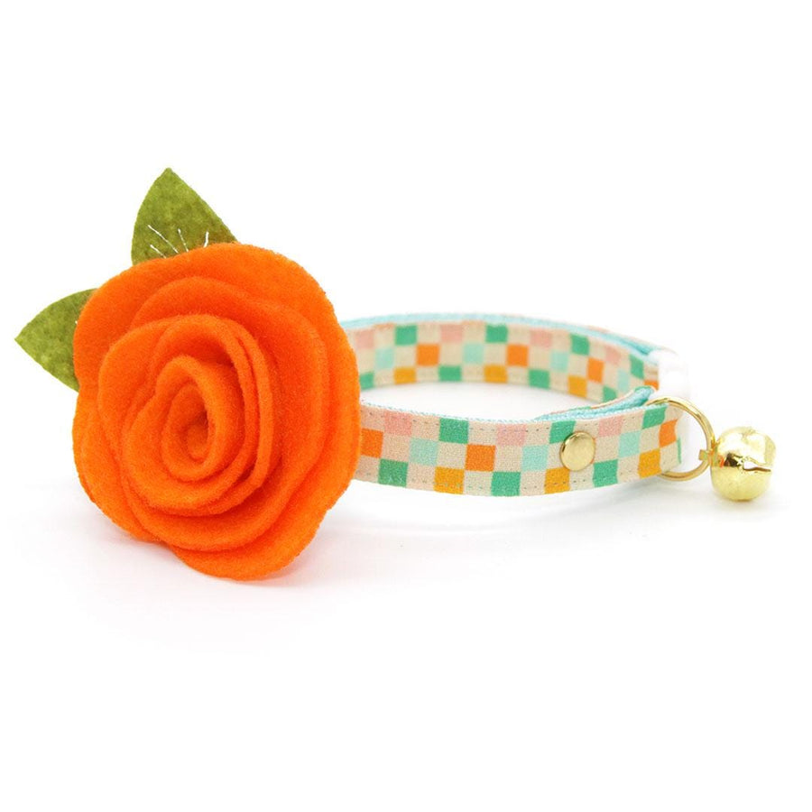Cat Collar + Flower Set - "Checkmate" - Checkered Cat Collar w/ Orange Felt Flower (Detachable) / Cat, Kitten + Small Dog Sizes