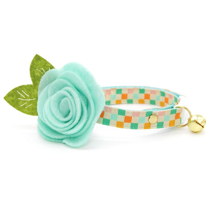 Cat Collar + Flower Set - "Checkmate" - Retro Checked Pastel Cat Collar w/ Mint Felt Flower (Detachable) / Cat, Kitten + Small Dog Sizes