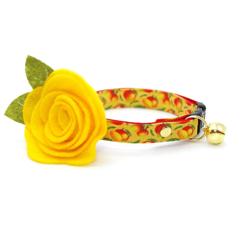 Cat Collar + Flower Set - "Mango Tango" - Fruit Mango Cat Collar w/ Yellow Felt Flower (Detachable) / Cat, Kitten + Small Dog Sizes