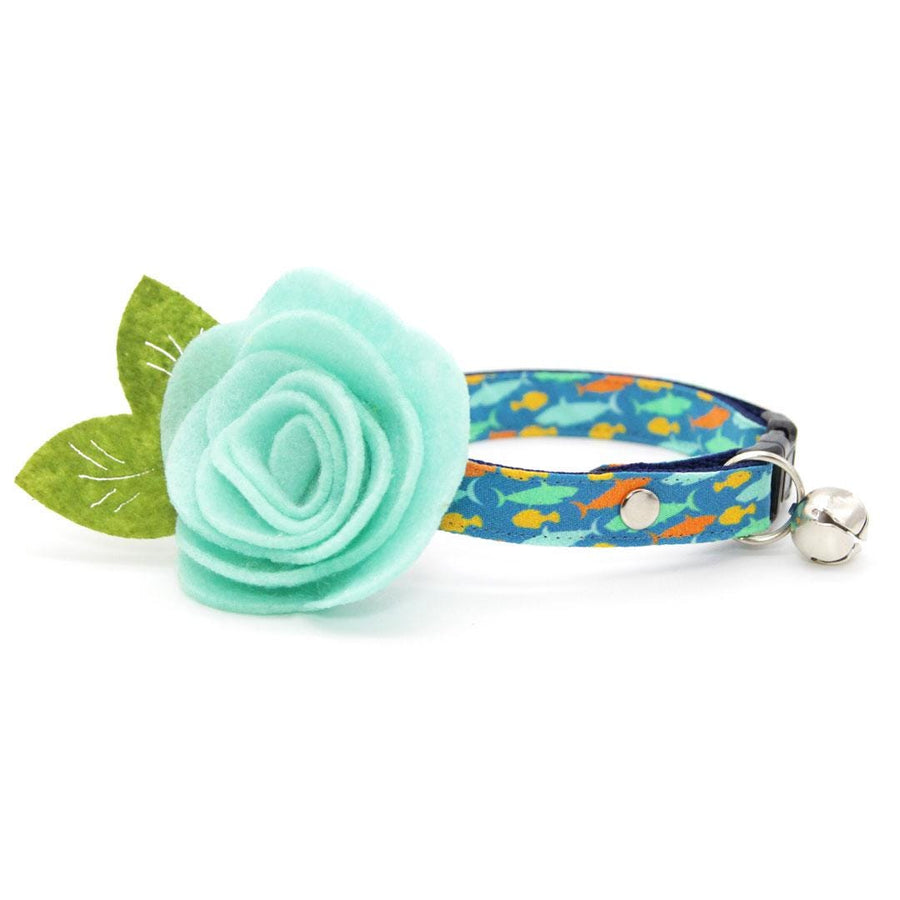 Cat Collar + Flower Set - "Fintastic" - Blue Fish & Shark Cat Collar w/ Mint Felt Flower (Detachable) / Cat, Kitten + Small Dog Sizes