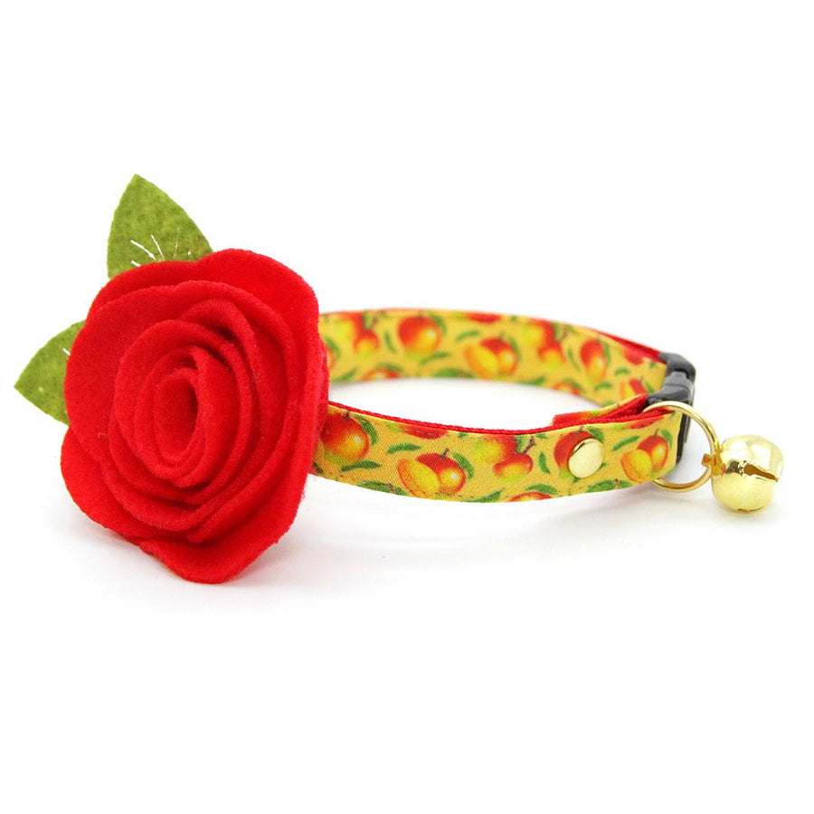 Cat Collar + Flower Set - "Mango Tango" - Yellow Fruit Mango Cat Collar w/ Red Felt Flower (Detachable) / Cat, Kitten + Small Dog Sizes