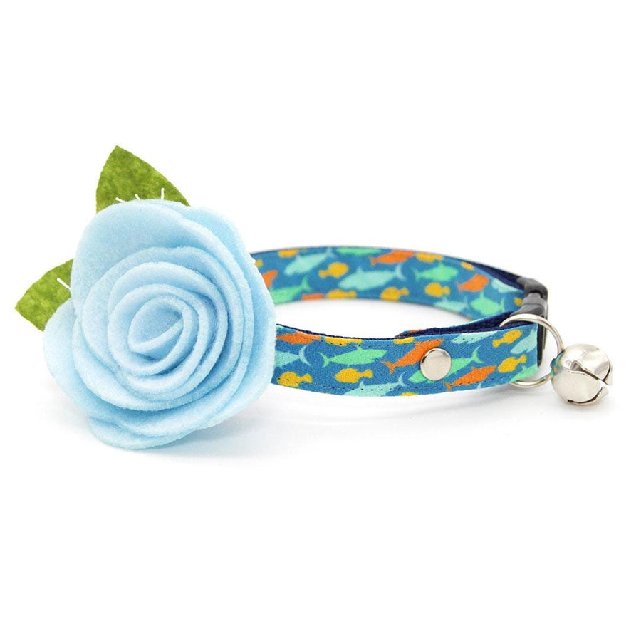 Cat Collar + Flower Set - "Fintastic" - Shark & Fish Cat Collar w/ Sky Blue Felt Flower (Detachable) / Cat, Kitten + Small Dog Sizes