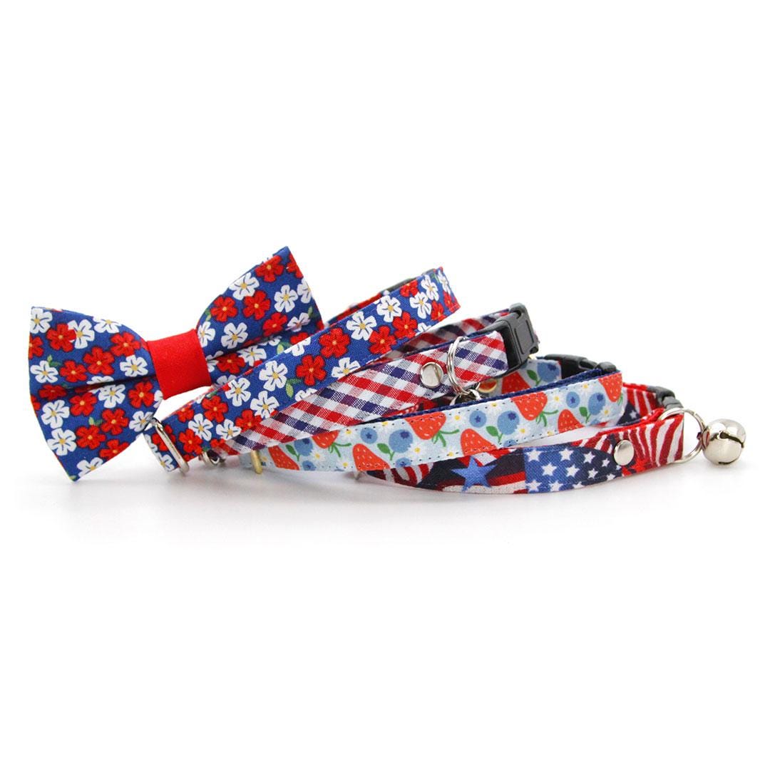 Cat Collar & Bunny Ear Bow Set - "Red White & Bloom" - Blue Red Floral Cat Collar w/ Matching Bunny Bow Tie / 4th of July, Summer, Patriotic / Tie-On Scarf / Cat, Kitten + Small Dog Sizes