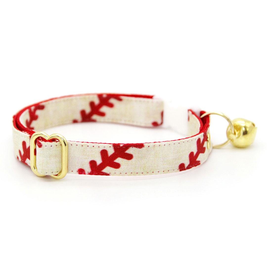 Cat Collar & Bunny Ear Bow Set - "Baseball" - Sports Red & White Baseball Cat Collar w/ Matching Bunny Bow Tie / Tie-On Scarf / Cat, Kitten + Small Dog Sizes