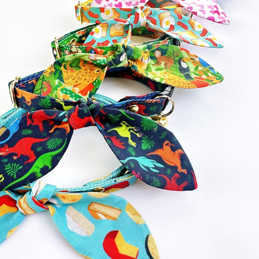 Cat Collar & Bunny Ear Bow Set - "Santorini" - Rifle Paper Co® Metallic Gold & Blue Cat Collar w/ Matching Bunny Bow Tie / Tie-On Scarf / Cat, Kitten + Small Dog Sizes