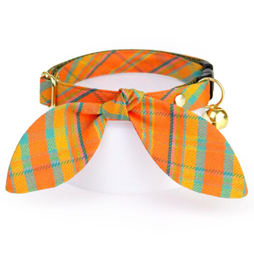 Cat Collar & Bunny Ear Bow Set - "Canyon Sunset" - Orange, Pink & Teal Plaid Cat Collar w/ Matching Bunny Bow Tie / Tie-On Scarf / Cat, Kitten + Small Dog Sizes