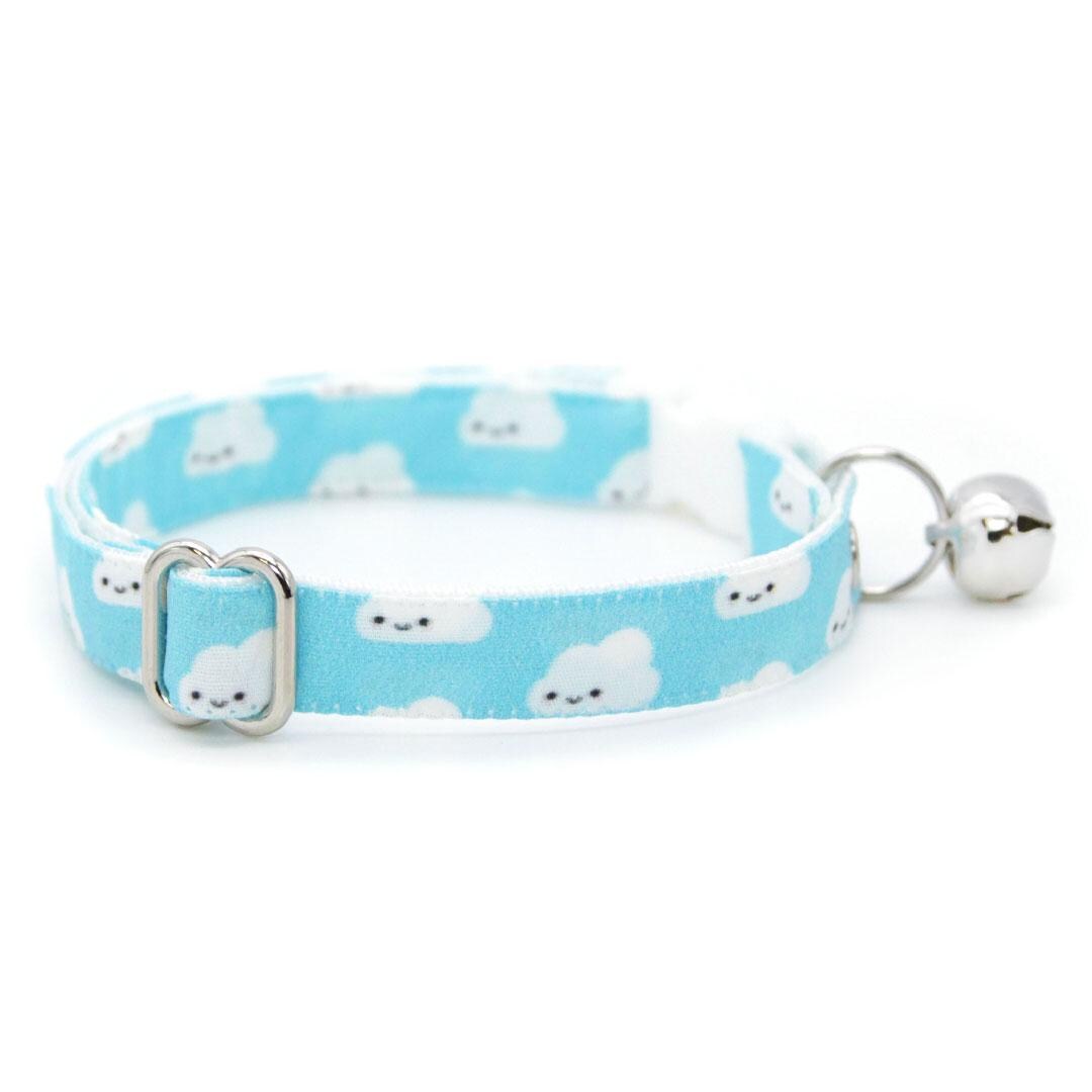 Cat Collar & Bunny Ear Bow Set - "Happy Clouds" - Kawaii Sky Blue Smiling Cloud Cat Collar w/ Matching Bunny Bow Tie / Tie-On Scarf / Cat, Kitten + Small Dog Sizes