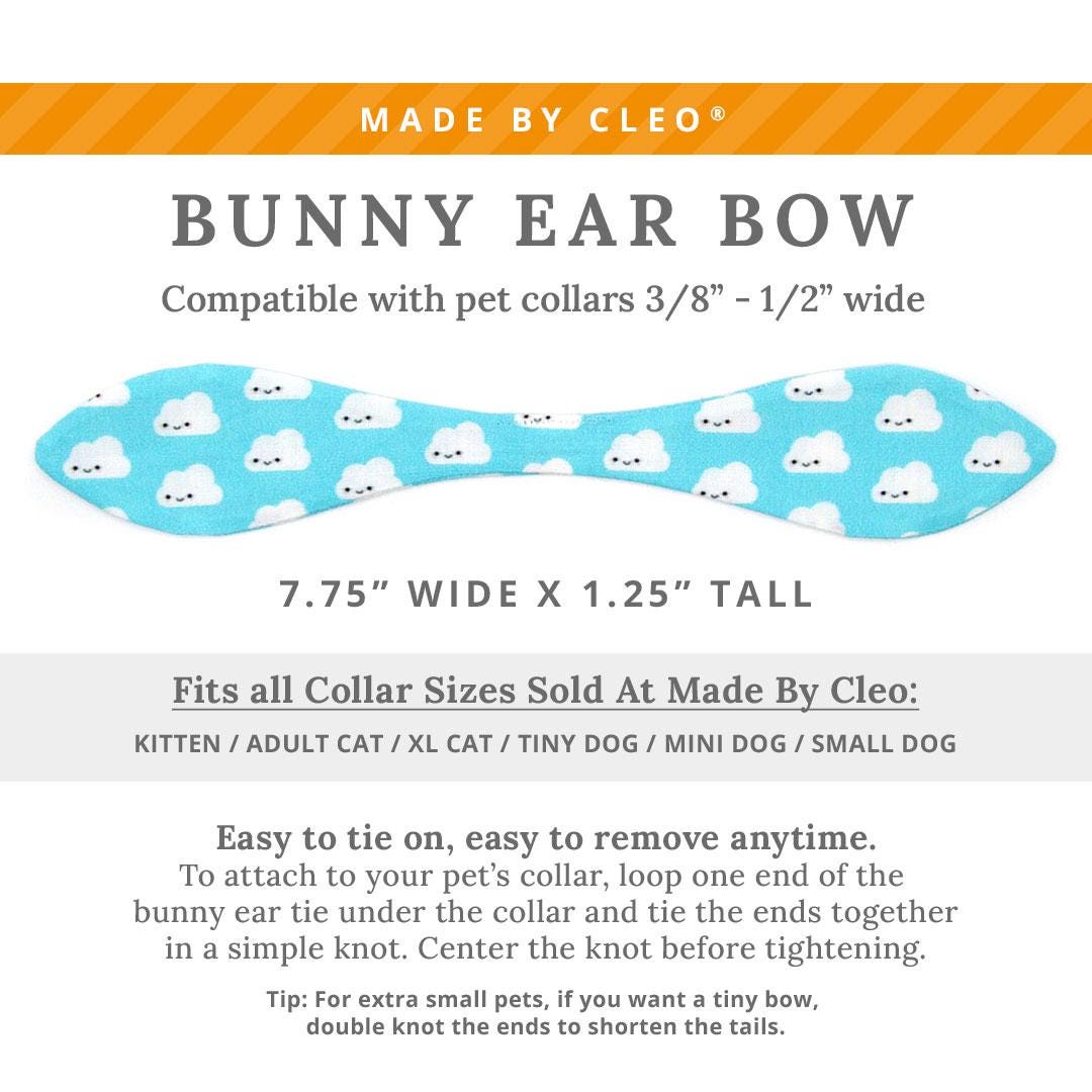 Cat Collar & Bunny Ear Bow Set - "Happy Clouds" - Kawaii Sky Blue Smiling Cloud Cat Collar w/ Matching Bunny Bow Tie / Tie-On Scarf / Cat, Kitten + Small Dog Sizes