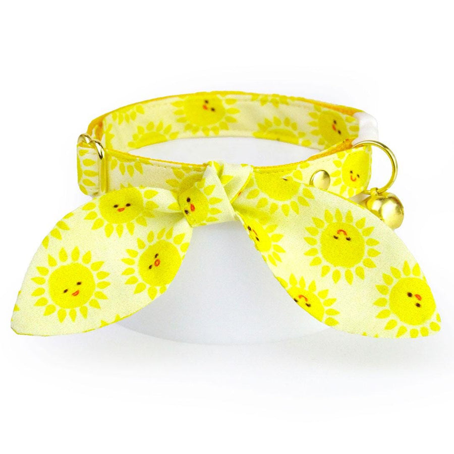 Cat Collar & Bunny Ear Bow Set - "Sunshine" - Yellow Smiling Sun Cat Collar w/ Matching Bunny Bow Tie / Tie-On Scarf / Cat, Kitten + Small Dog Sizes