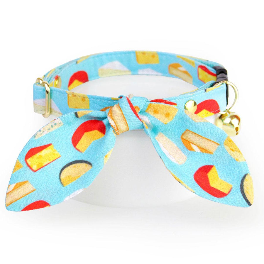 Cat Collar & Bunny Ear Bow Set - "Say Cheese" - Cheese Lover Cat Collar w/ Matching Bunny Bow Tie / Food, Fromage / Tie-On Scarf / Cat, Kitten + Small Dog Sizes