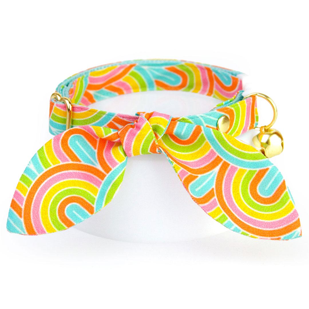 Cat Collar & Bunny Ear Bow Set - "Groovy Rainbow" - Retro 60s 70s Cat Collar w/ Matching Bunny Bow Tie / Tie-On Scarf / Cat, Kitten + Small Dog Sizes