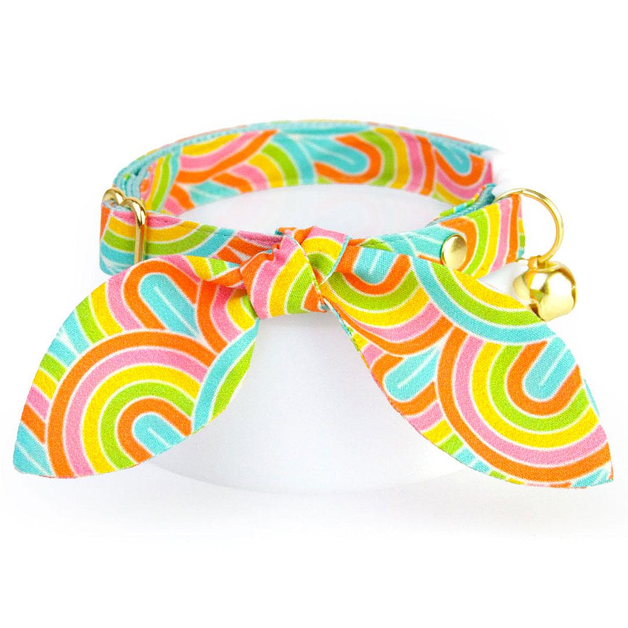 Cat Collar & Bunny Ear Bow Set - "Groovy Rainbow" - Retro 60s 70s Cat Collar w/ Matching Bunny Bow Tie / Tie-On Scarf / Cat, Kitten + Small Dog Sizes
