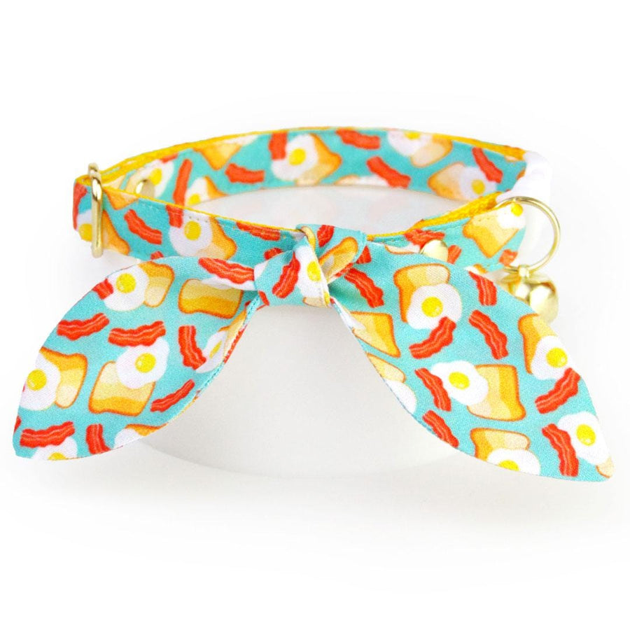 Cat Collar & Bunny Ear Bow Set - "Breakfast Club" - Bacon, Egg & Toast Cat Collar w/ Matching Bunny Bow Tie / Food, Fun / Tie-On Scarf / Cat, Kitten + Small Dog Sizes
