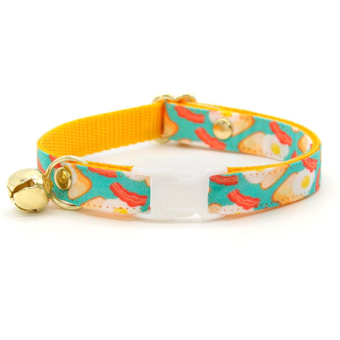 Cat Collar & Bunny Ear Bow Set - "Breakfast Club" - Bacon, Egg & Toast Cat Collar w/ Matching Bunny Bow Tie / Food, Fun / Tie-On Scarf / Cat, Kitten + Small Dog Sizes