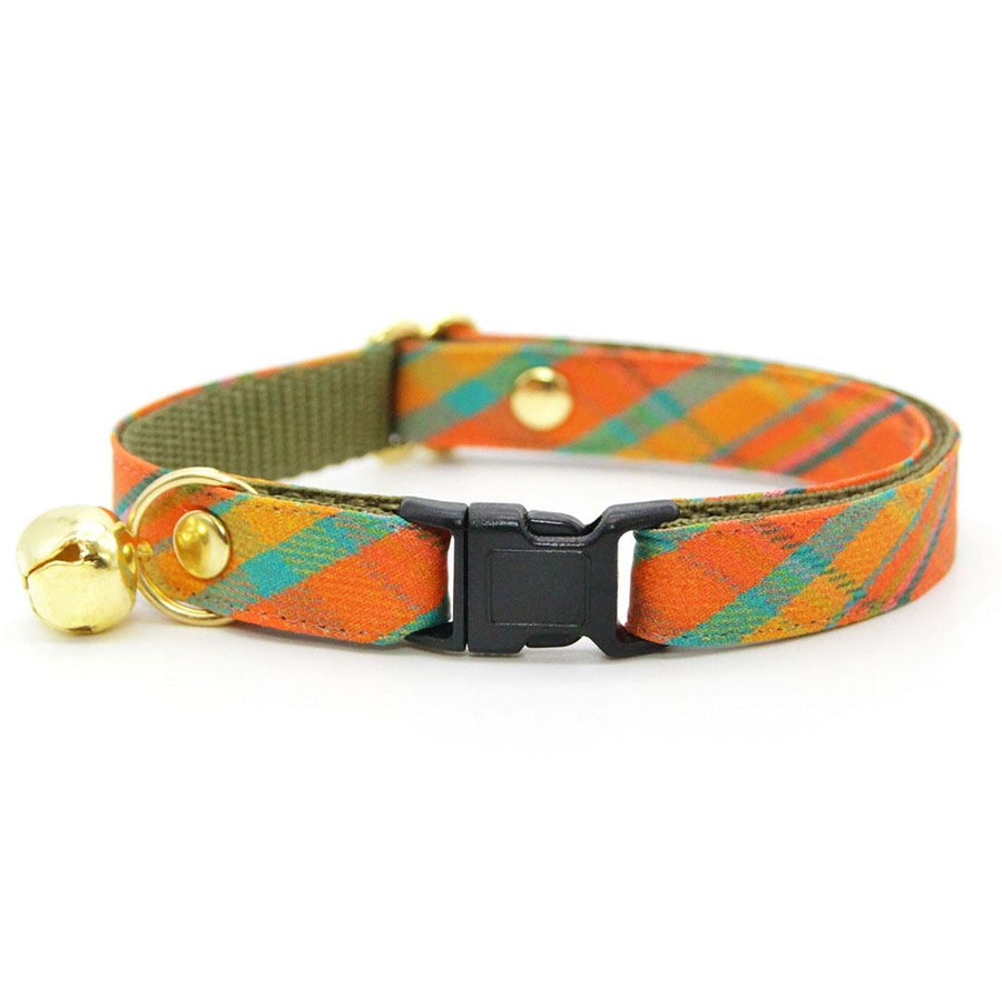 Cat Collar - "Canyon Sunset" - Orange Pink & Teal Plaid Cat Collar / Summer, Fall, Southwestern / Breakaway Buckle or Non-Breakaway / Cat, Kitten + Small Dog Sizes