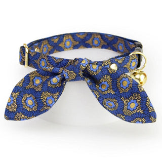 Cat Collar & Bunny Ear Bow Set - "Santorini" - Rifle Paper Co® Metallic Gold & Blue Cat Collar w/ Matching Bunny Bow Tie / Tie-On Scarf / Cat, Kitten + Small Dog Sizes - Kitten (6-10) / Breakaway / Gold