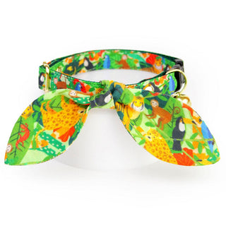 Cat Collar & Bunny Ear Bow Set - "Jungle Vibes" - Tiger, Monkey, Leopard Cat Collar w/ Matching Bunny Bow Tie / Rainforest, Safari, Nature / Tie-On Scarf / Cat, Kitten + Small Dog Sizes - Kitten (6-10) / Breakaway / Gold