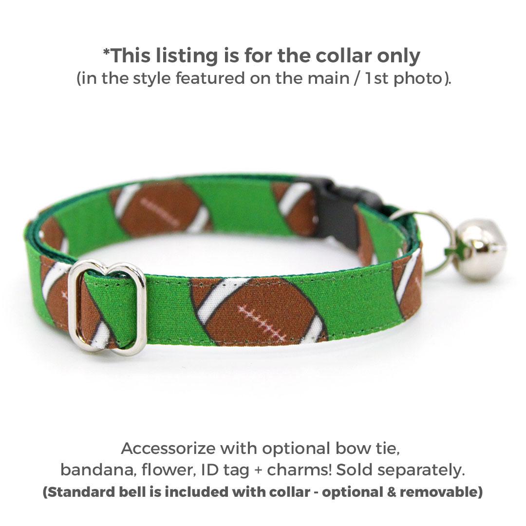 Cat Collar - "Football" - Green Football Cat Collar / Fall Sports, NFL / Breakaway Buckle or Non-Breakaway / Cat, Kitten + Small Dog Sizes