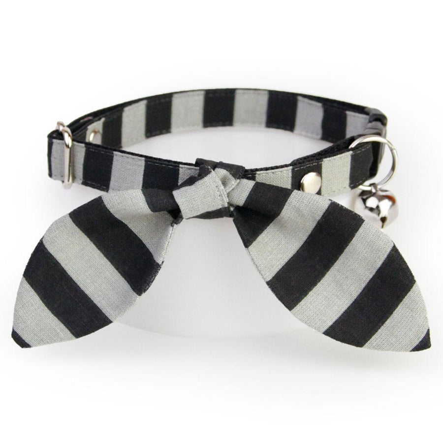Cat Collar & Bunny Ear Bow Set - "Unexpected Guest" - Black & Gray Stripe Cat Collar w/ Matching Bunny Bow Tie / Tie-On Scarf / Cat, Kitten + Small Dog Sizes