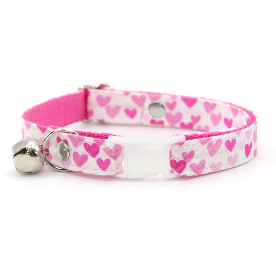 Cat Collar & Bunny Ear Bow Set - "Darling" - Cute Pink Heart Cat Collar w/ Matching Bunny Bow Tie / Tie-On Scarf / Cat, Kitten + Small Dog Sizes