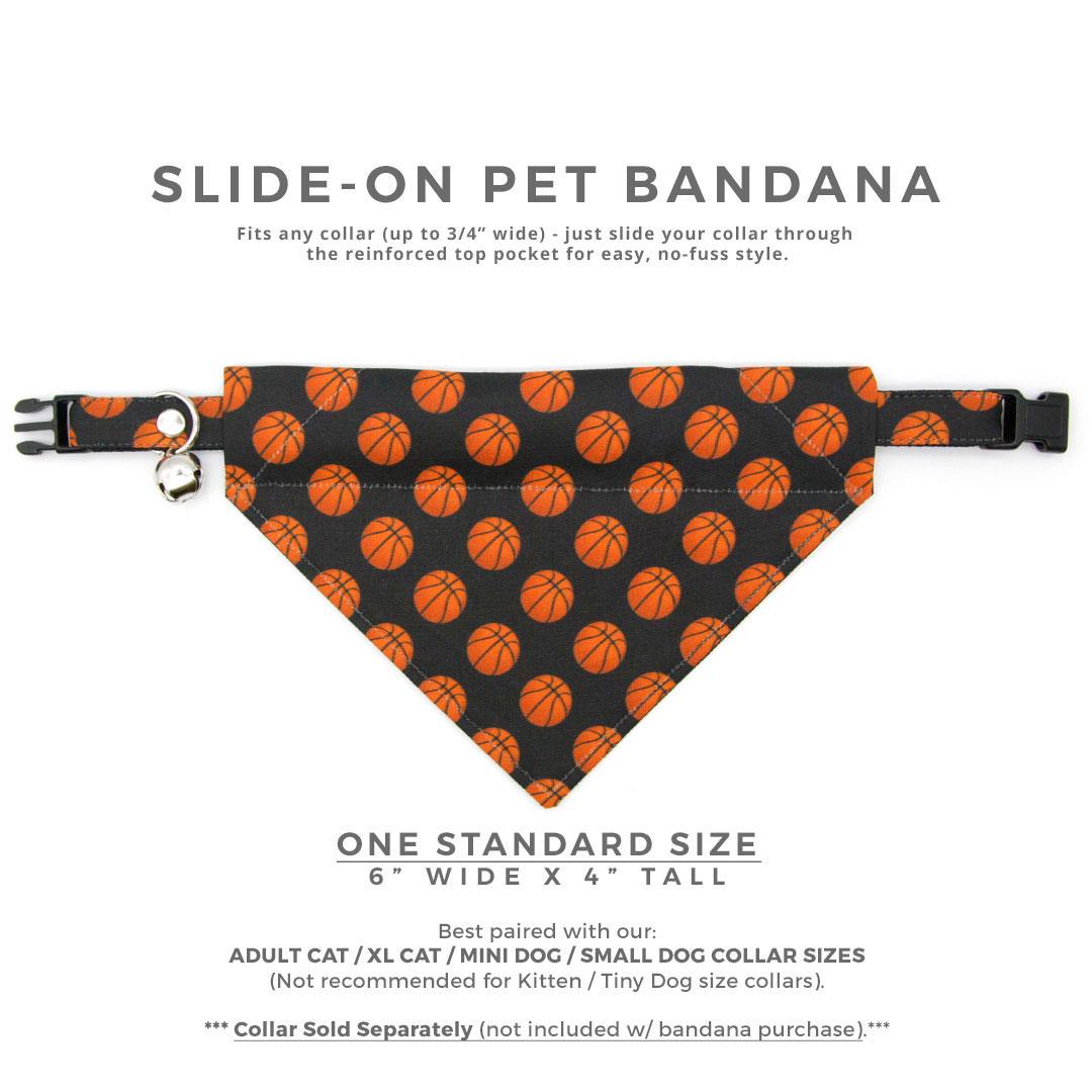 Basketball Cat Bandana - "Basketball" - Sports Bandana for Cat + Small Dog / Black & Orange / Slide-on Bandana / Over-the-Collar